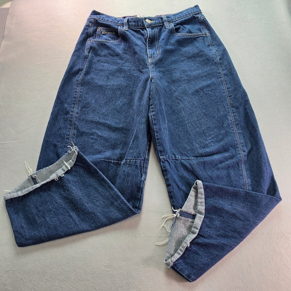 BDG High Rise Barrel Jeans 31W Blue Wide Leg Baggy Horseshoe Raw Hem Denim